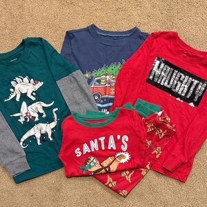 Lot of Christmas Clothing, 3 Long Sleeve T’s, 1 pair of long sleeve PJ’s- Size 6